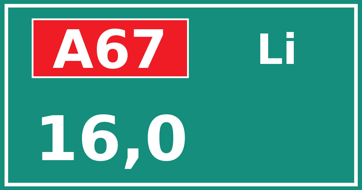 Hectometerbord A67 16,0 zijde Li