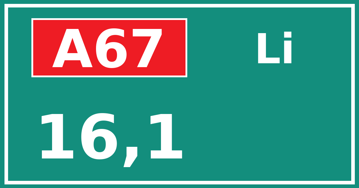 Hectometerbord A67 16,1 zijde Li