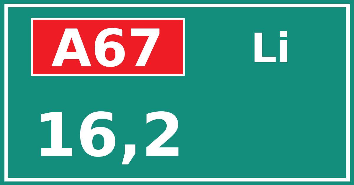 Hectometerbord A67 16,2 zijde Li
