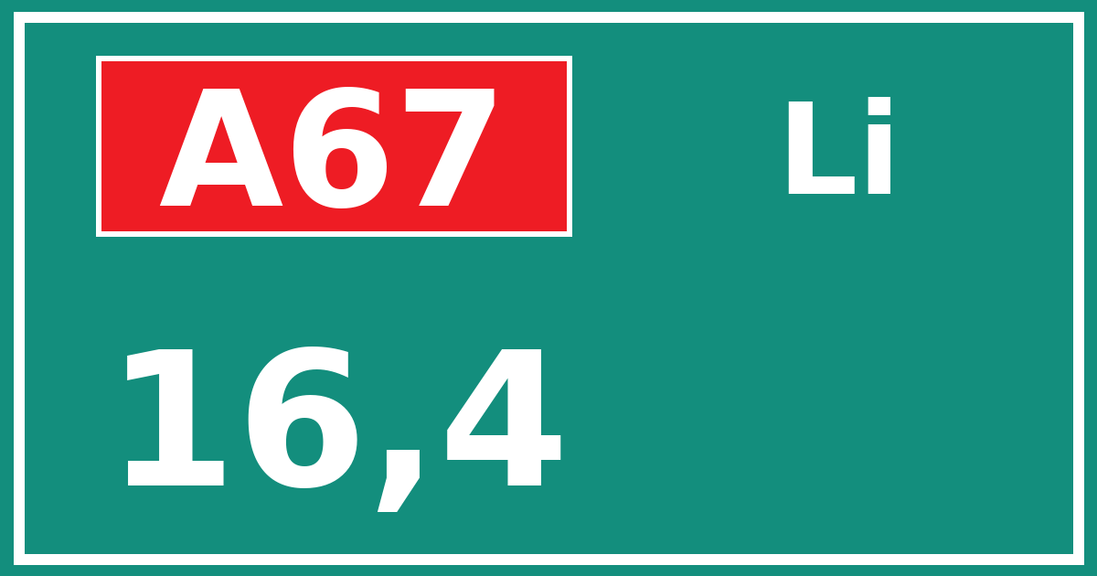 Hectometerbord A67 16,4 zijde Li