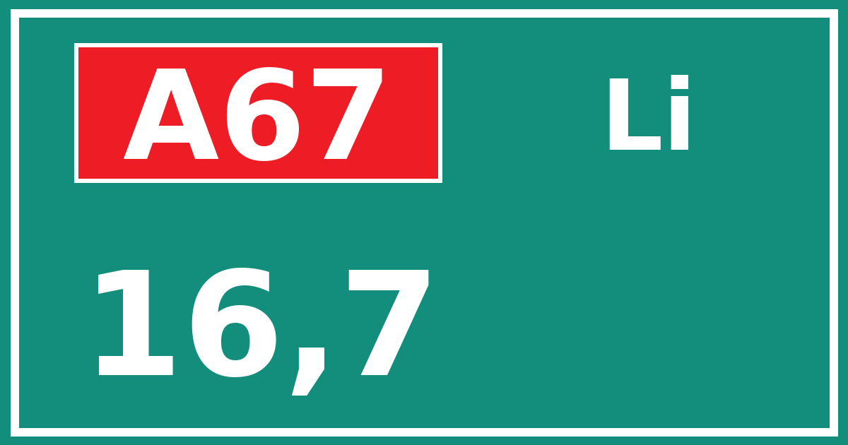Hectometerbord A67 16,7 zijde Li