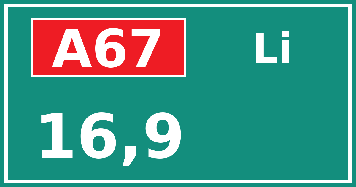 Hectometerbord A67 16,9 zijde Li