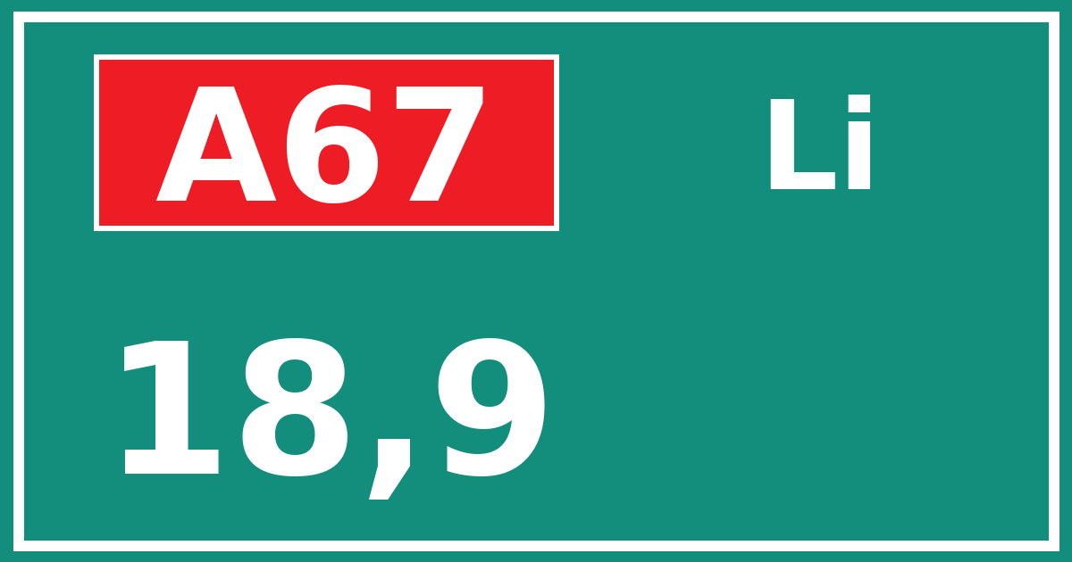 Hectometerbord A67 18,9 zijde Li