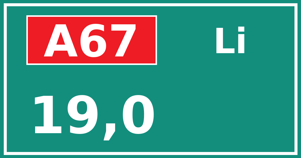 Hectometerbord A67 19,0 zijde Li