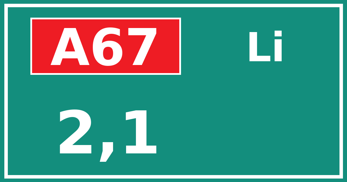 Hectometerbord A67 2,1 zijde Li