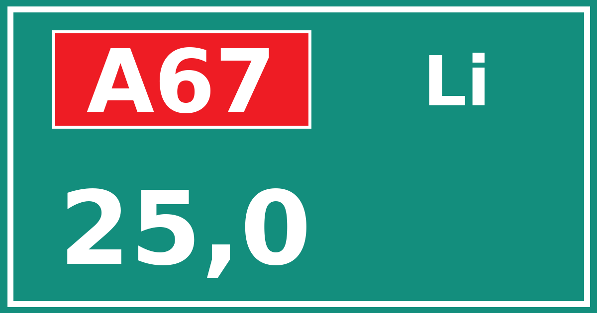 Hectometerbord A67 25,0 zijde Li