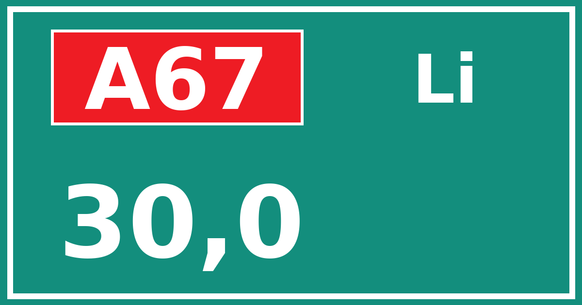 Hectometerbord A67 30,0 zijde Li