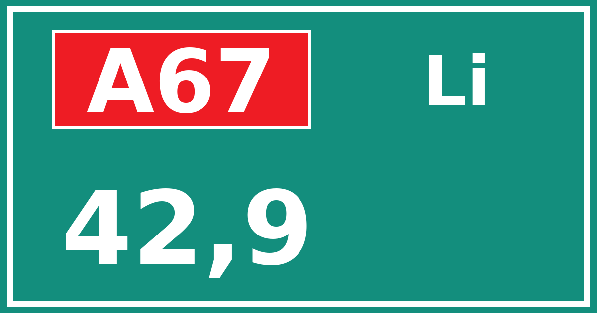 Hectometerbord A67 42,9 zijde Li