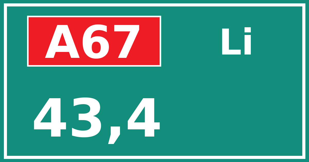 Hectometerbord A67 43,4 zijde Li