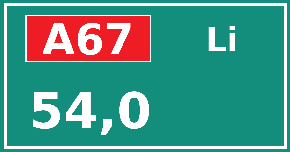 Hectometerbord A67 54,0 zijde Li