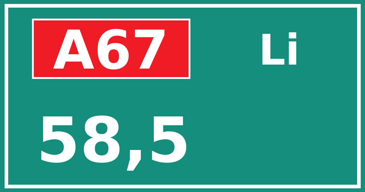 Hectometerbord A67 58,5 zijde Li