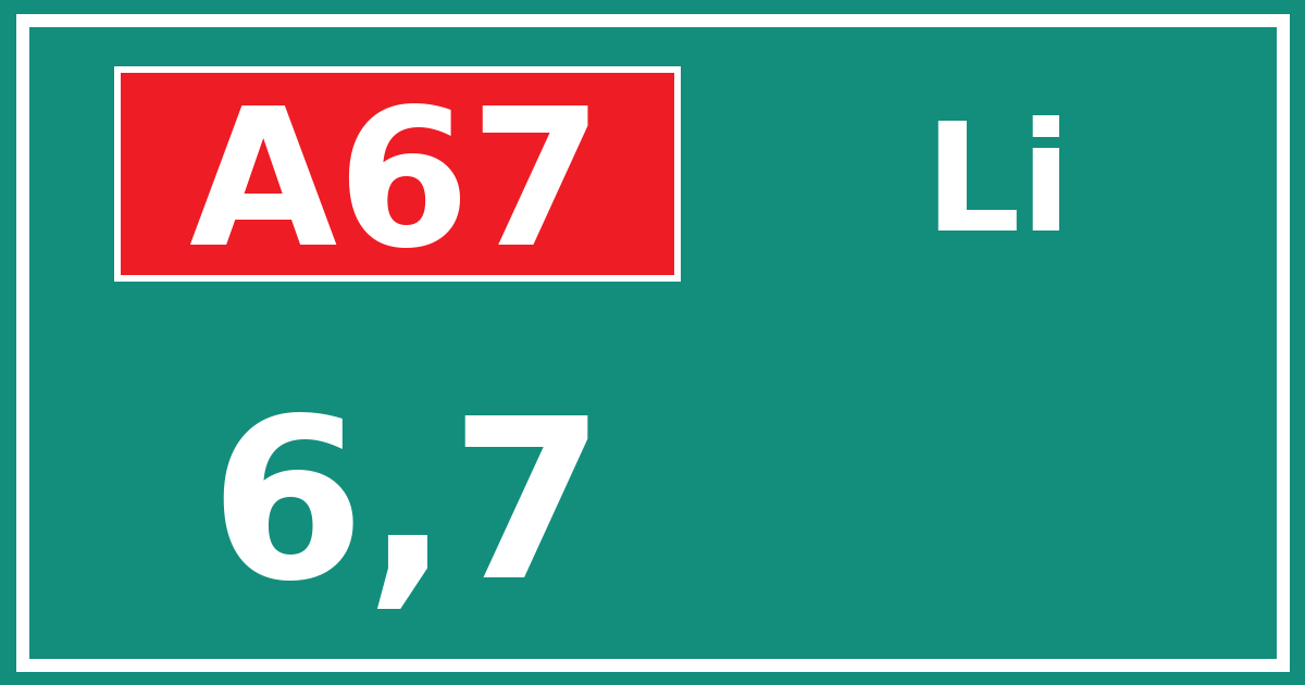 Hectometerbord A67 6,7 zijde Li