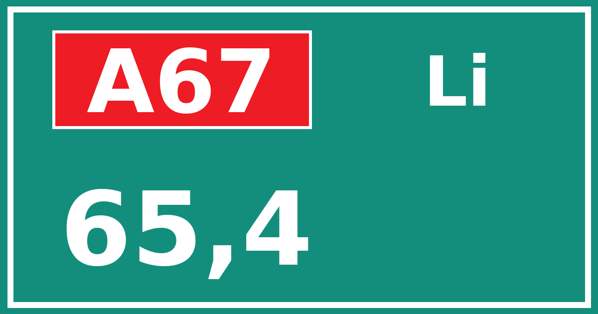 Hectometerbord A67 65,4 zijde Li