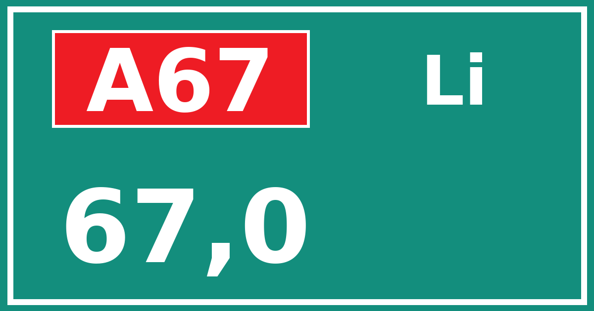 Hectometerbord A67 67,0 zijde Li