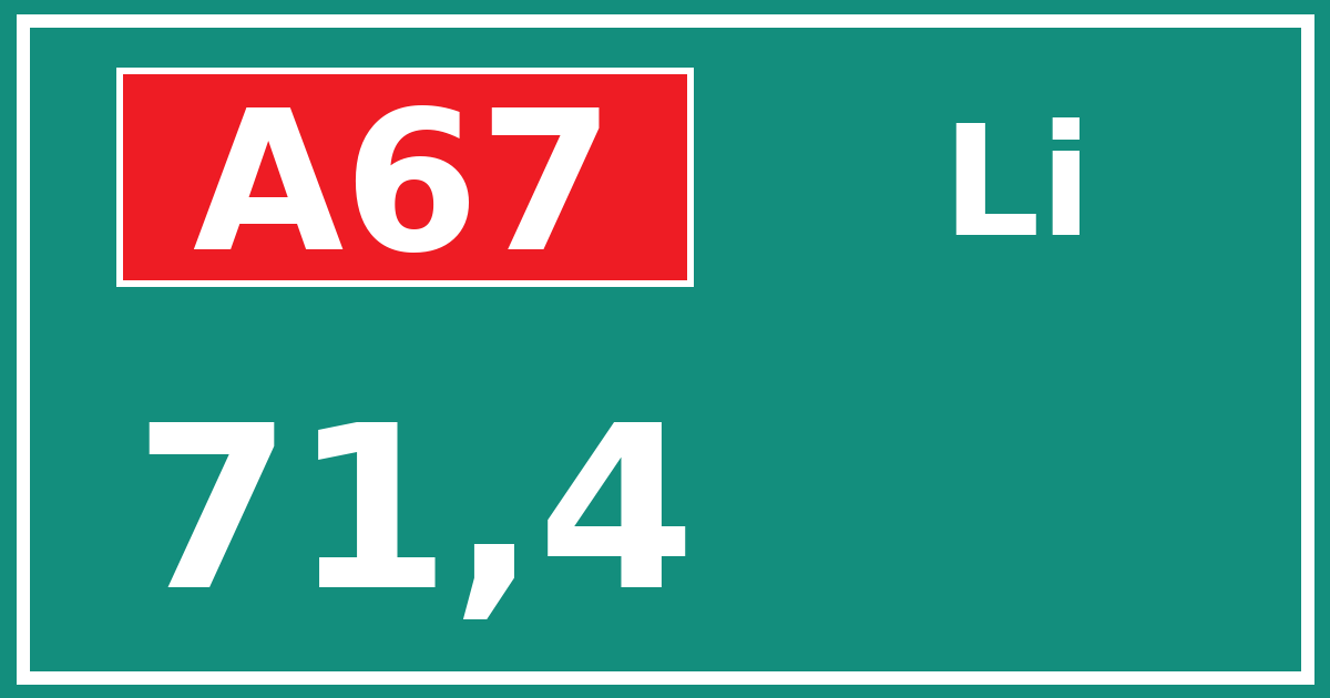 Hectometerbord A67 71,4 zijde Li
