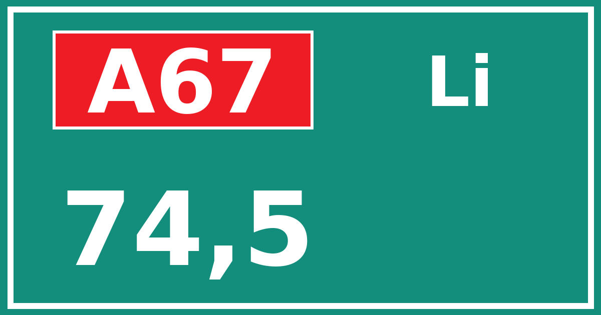 Hectometerbord A67 74,5 zijde Li