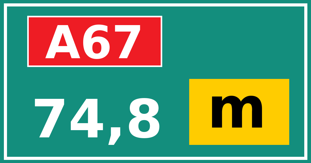 Hectometerbord A67 74,8 letter m