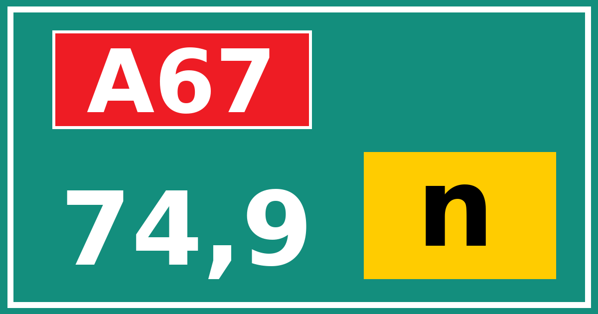 Hectometerbord A67 74,9 letter n