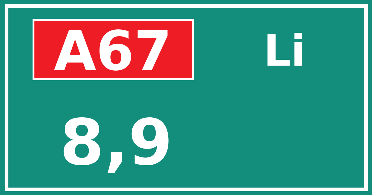 Hectometerbord A67 8,9 zijde Li