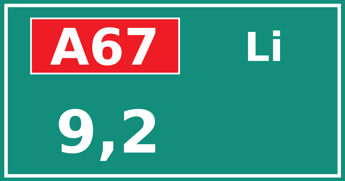 Hectometerbord A67 9,2 zijde Li