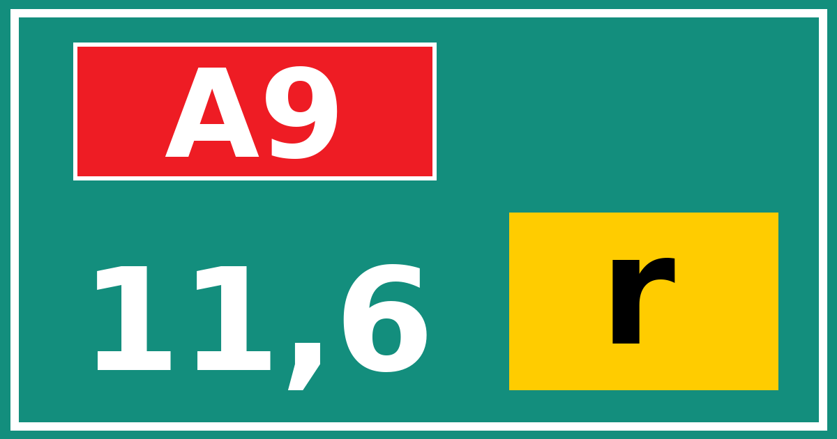 Hectometerbord A9 11,6 letter r