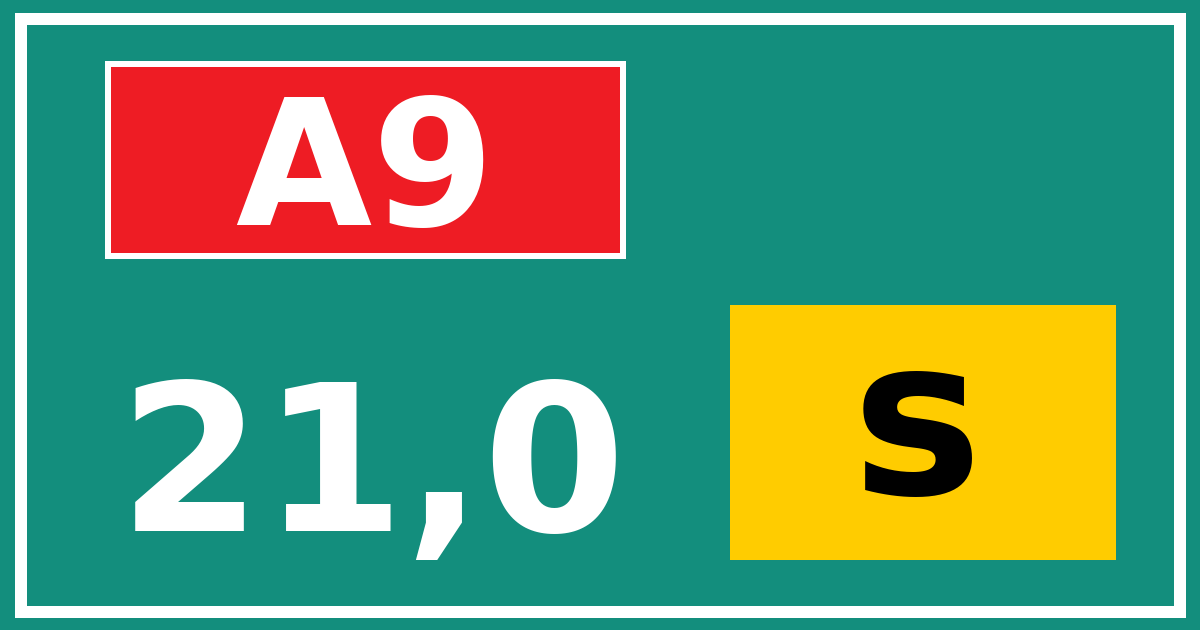 Hectometerbord A9 21,0 letter s