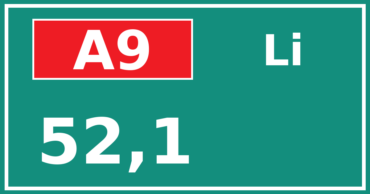 Hectometerbord A9 52,1 zijde Li