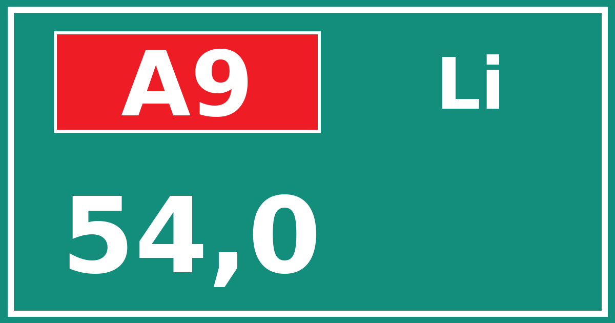 Hectometerbord A9 54,0 zijde Li