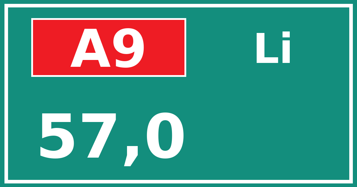 Hectometerbord A9 57,0 zijde Li