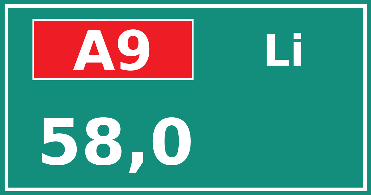 Hectometerbord A9 58,0 zijde Li