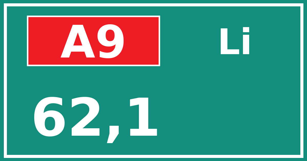 Hectometerbord A9 62,1 zijde Li