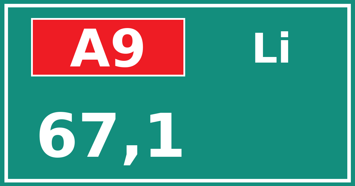 Hectometerbord A9 67,1 zijde Li