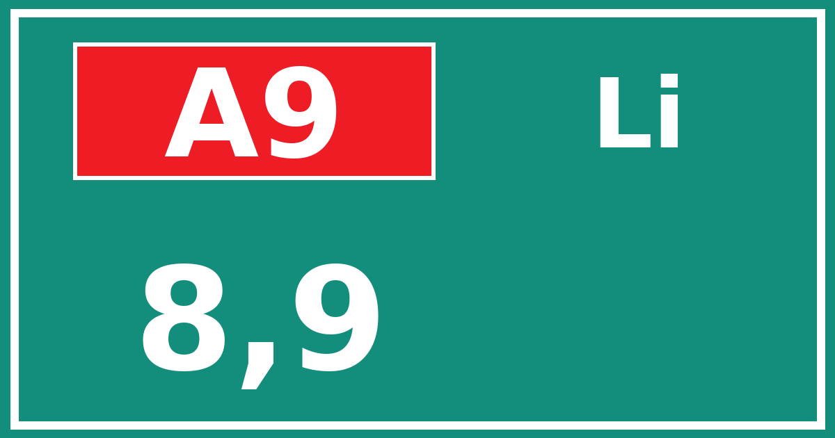 Hectometerbord A9 8,9 zijde Li
