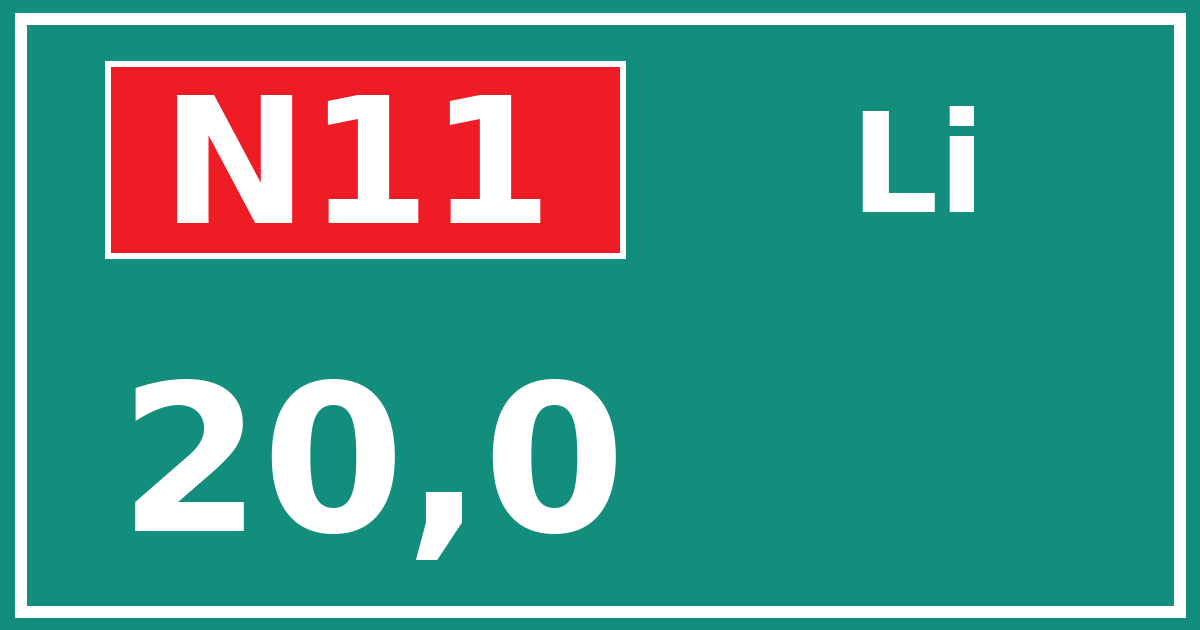 Hectometerbord N11 20,0 zijde Li