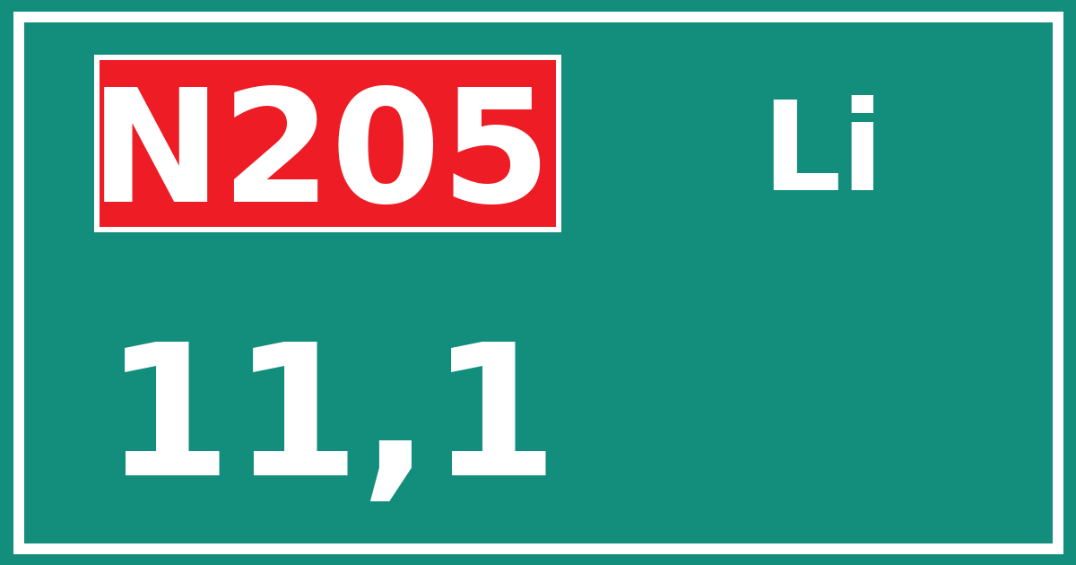 Hectometerbord N205 11,1 zijde Li