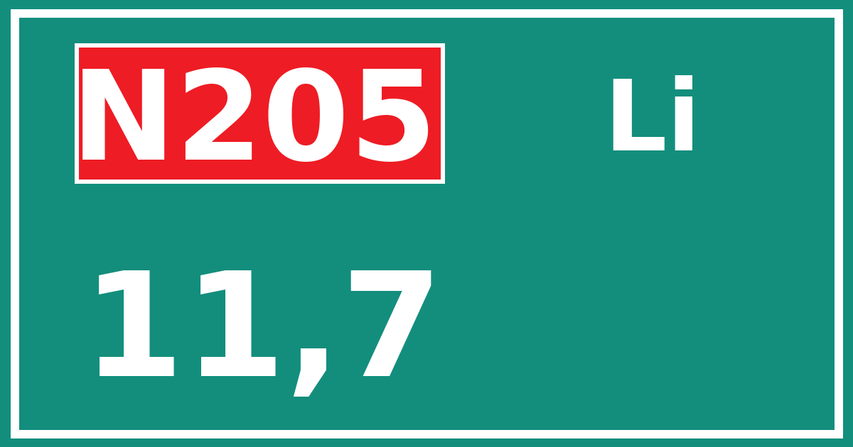 Hectometerbord N205 11,7 zijde Li