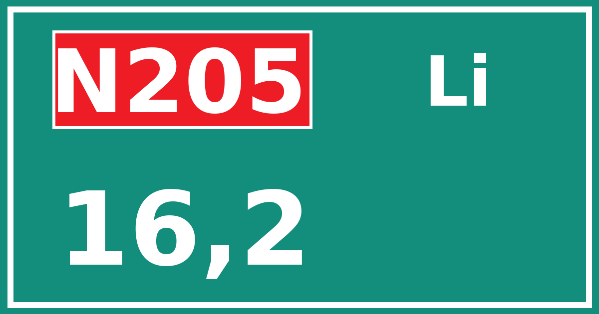 Hectometerbord N205 16,2 zijde Li