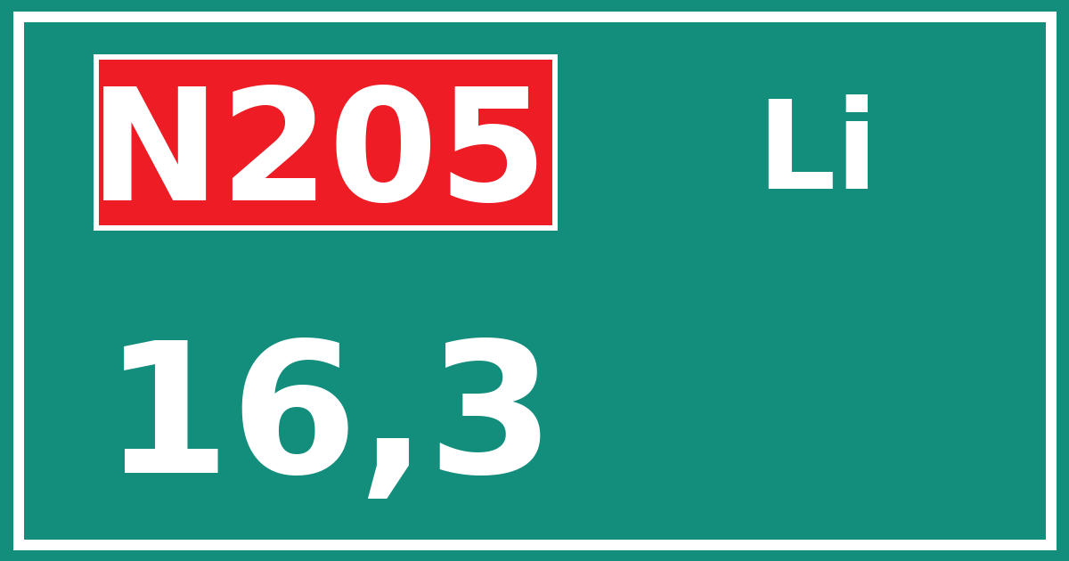 Hectometerbord N205 16,3 zijde Li