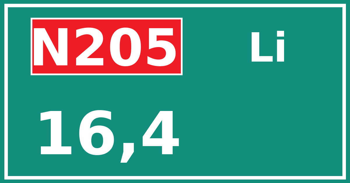 Hectometerbord N205 16,4 zijde Li