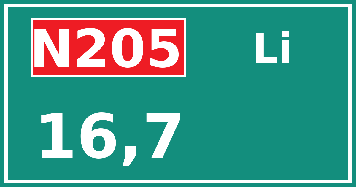 Hectometerbord N205 16,7 zijde Li