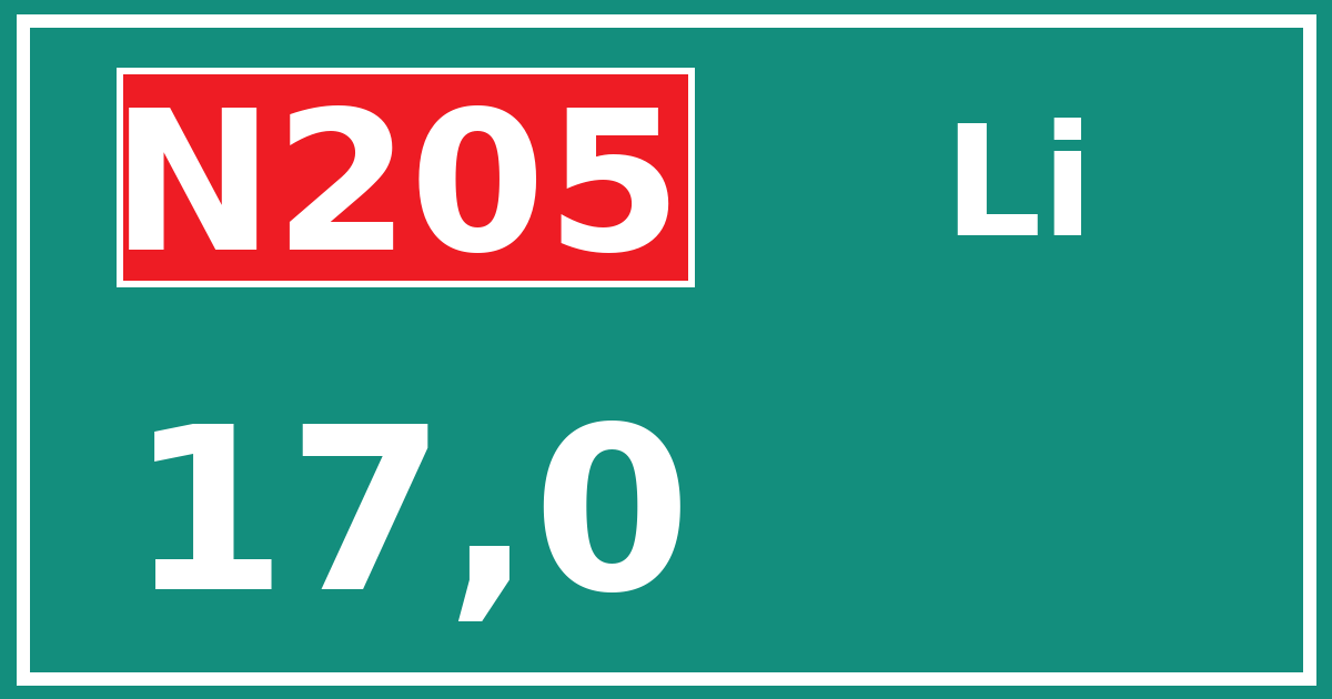 Hectometerbord N205 17,0 zijde Li