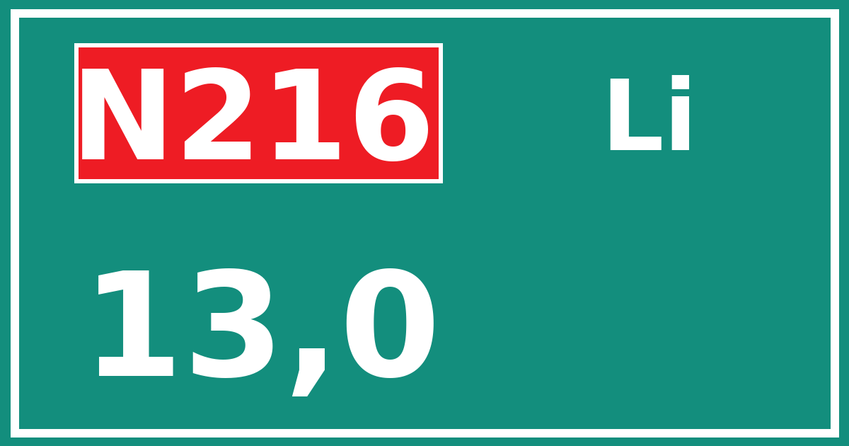 Hectometerbord N216 13,0 zijde Li