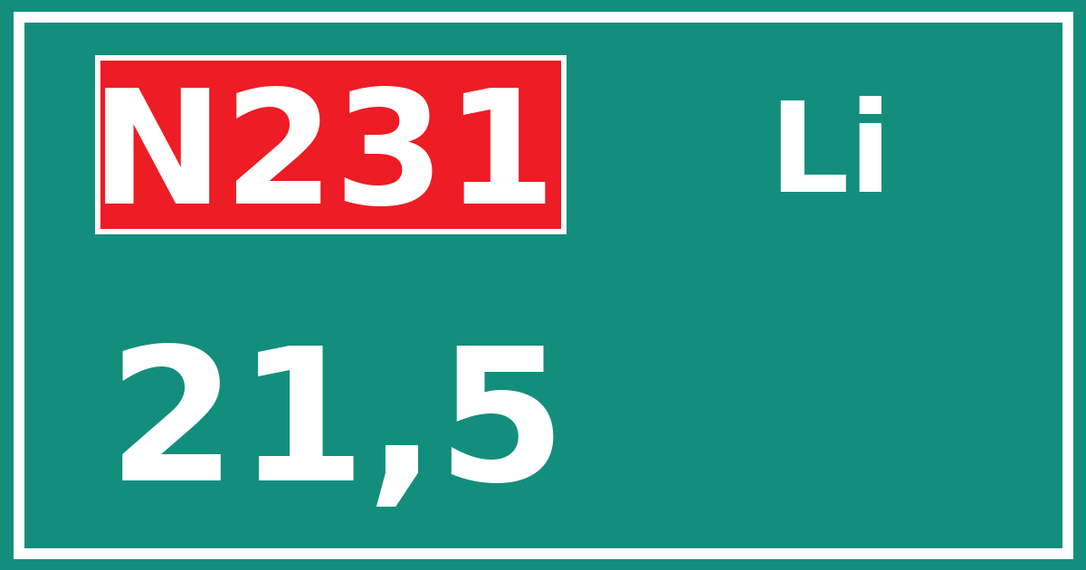 Hectometerbord N231 21,5 zijde Li