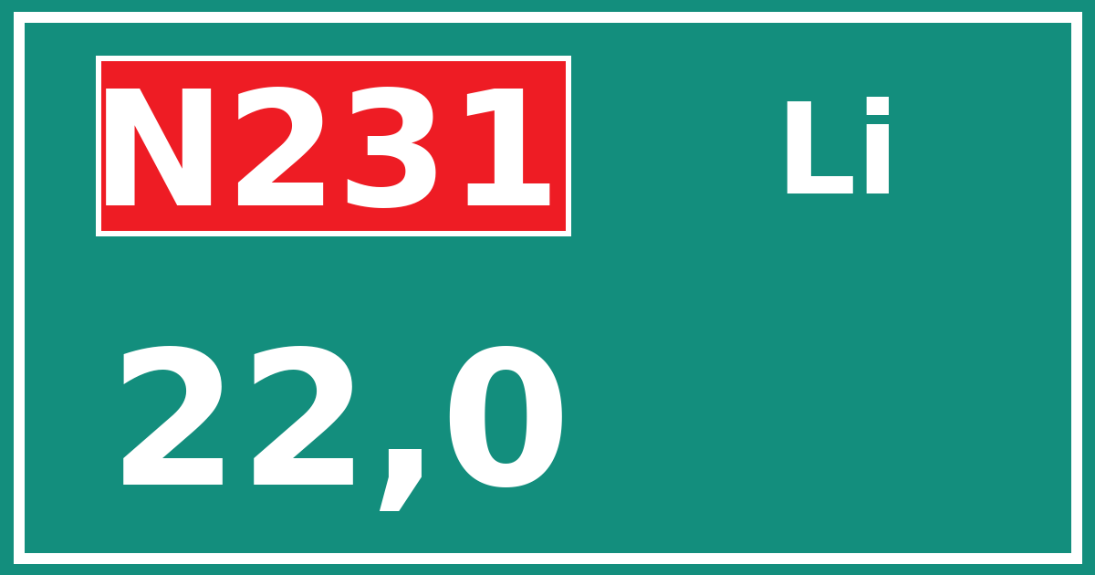 Hectometerbord N231 22,0 zijde Li