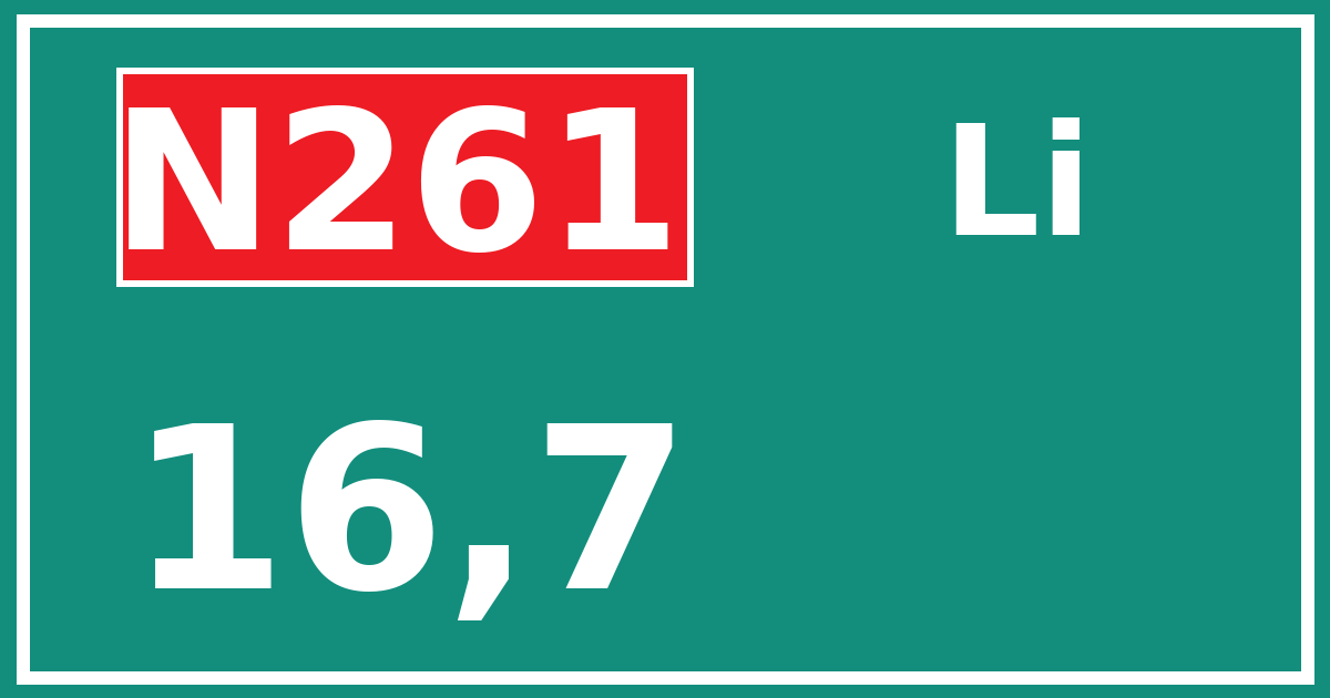 Hectometerbord N261 16,7 zijde Li