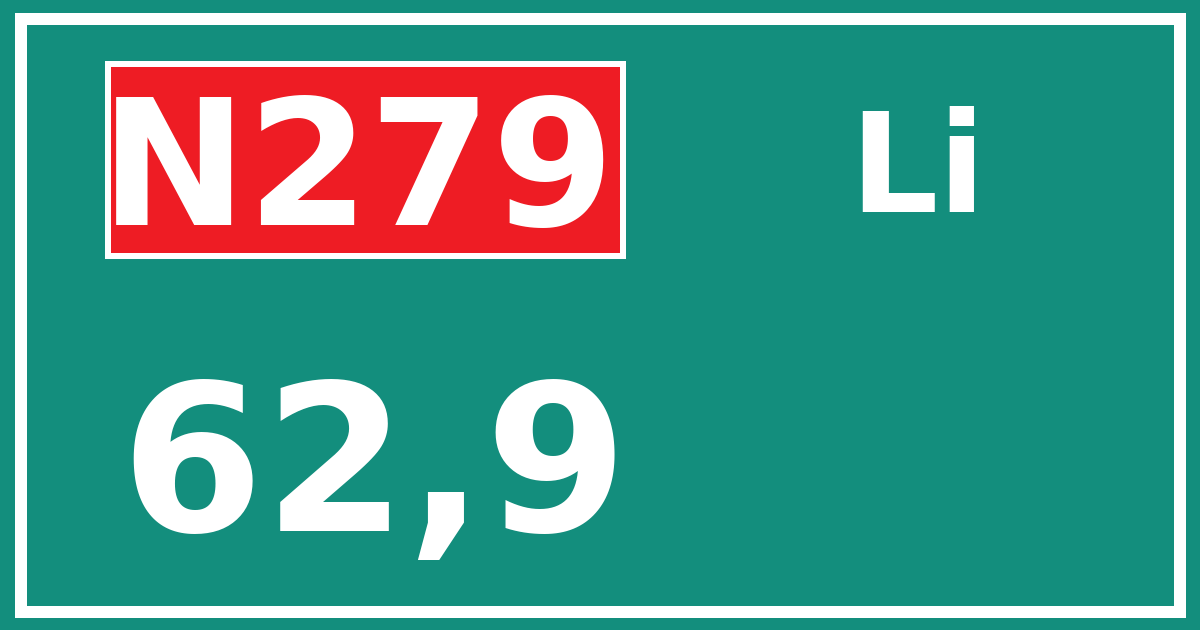 Hectometerbord N279 62,9 zijde Li