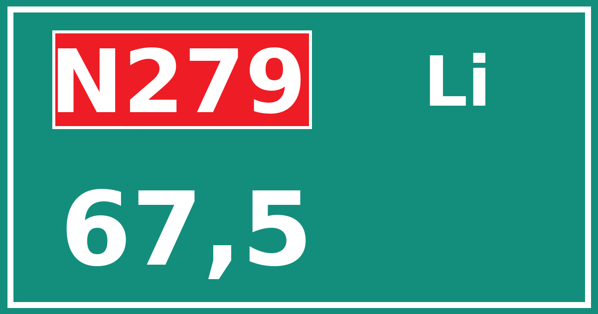 Hectometerbord N279 67,5 zijde Li