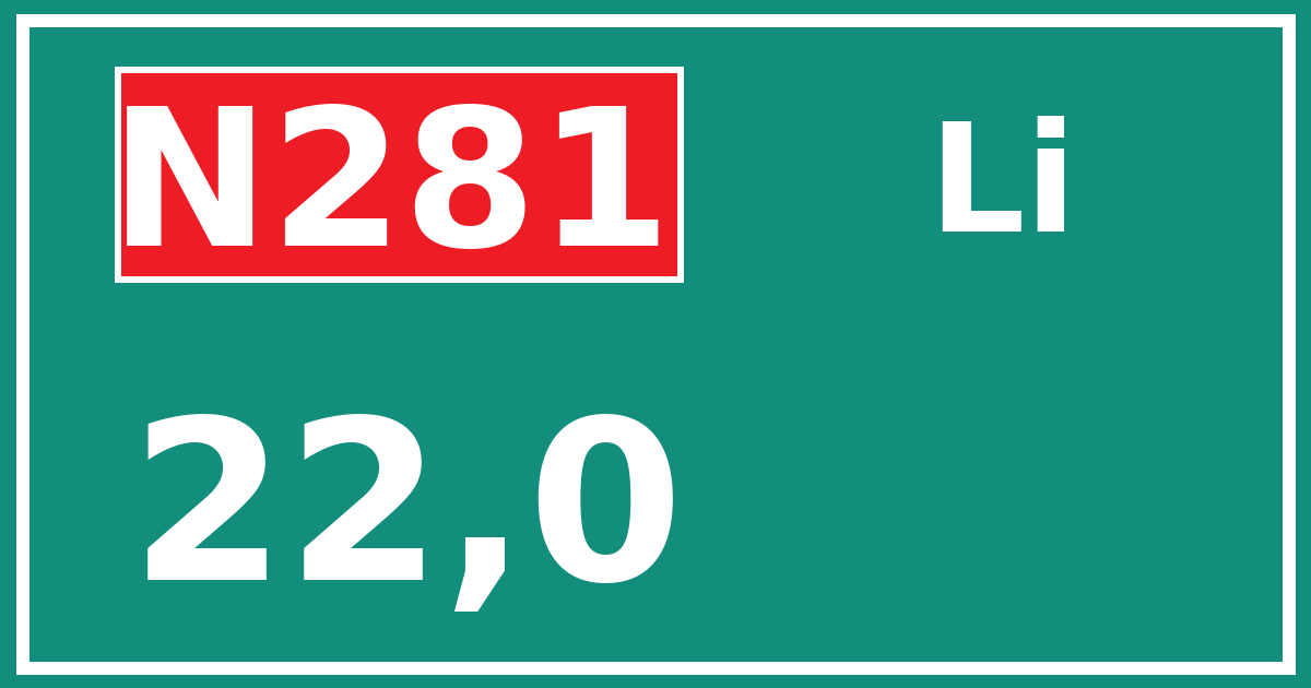 Hectometerbord N281 22,0 zijde Li