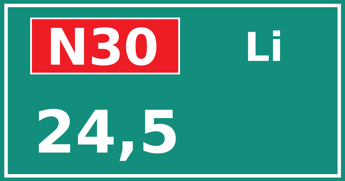Hectometerbord N30 24,5 zijde Li