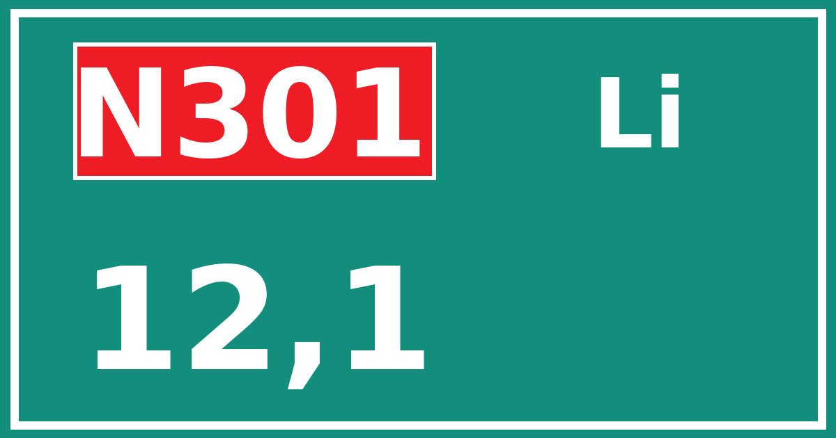 Hectometerbord N301 12,1 zijde Li